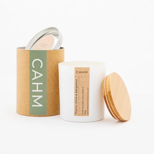 Thyme, Olive & Bergamot Candle - White - The Cahm Collective